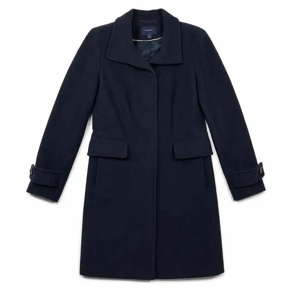 Lands' End Women's Navy Blue Wool Cashmere Blend Stand Collar Coat
